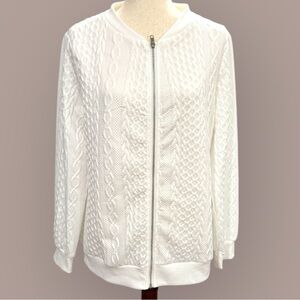 White Cable Knit Patterned Textured Zip-Up Sweater Medium
